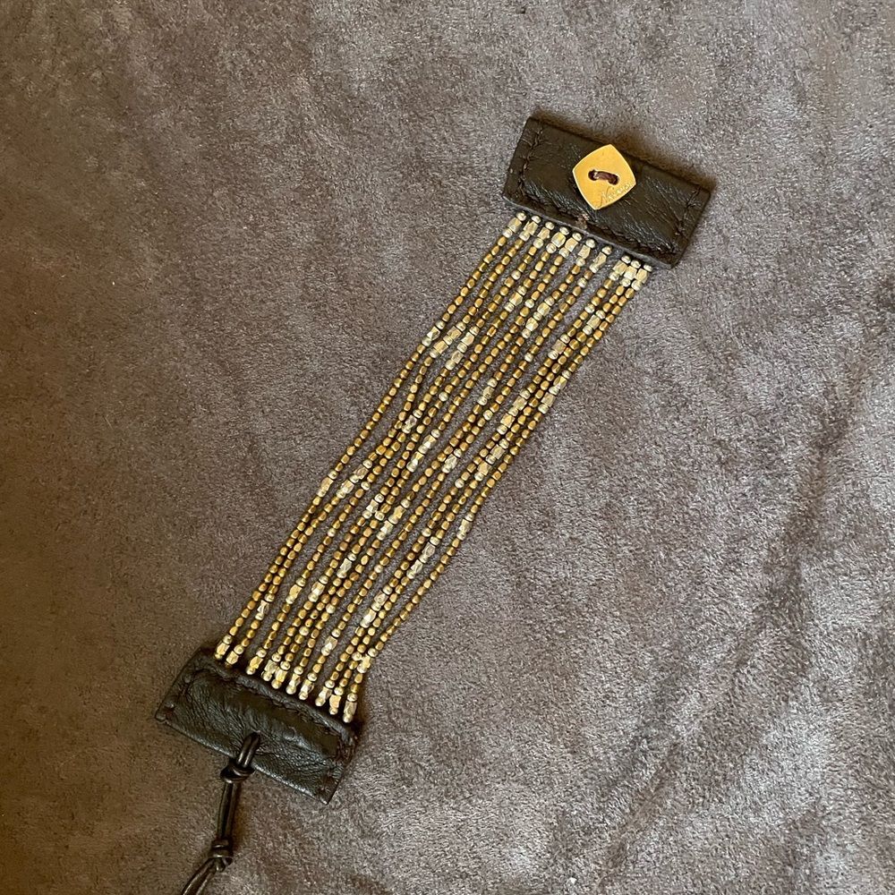 Gold beaded leather cuff bracelet